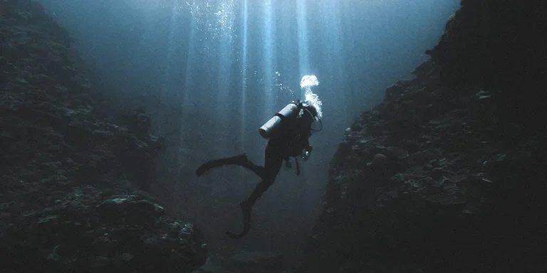 A diver using an air tank underwater