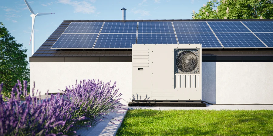 戸建住宅の屋根に太陽光発電パネルを設置したヒートポンプ