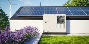 Una bomba de calor con paneles fotovoltaicos instalada en el tejado de una casa unifamiliar