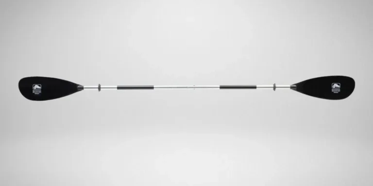 A kayak paddle with black blades on display