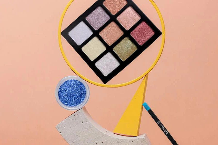 A makeup palette on a stylish background 