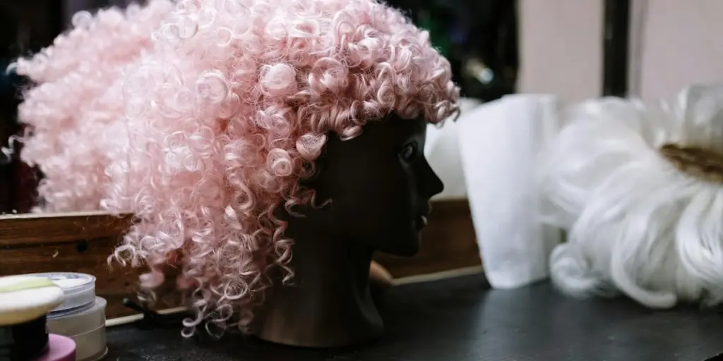 Una peluca rizada rosa sobre una cabeza de maniquí