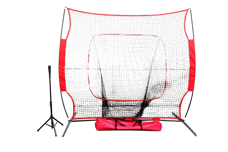 A red softball net on a white background