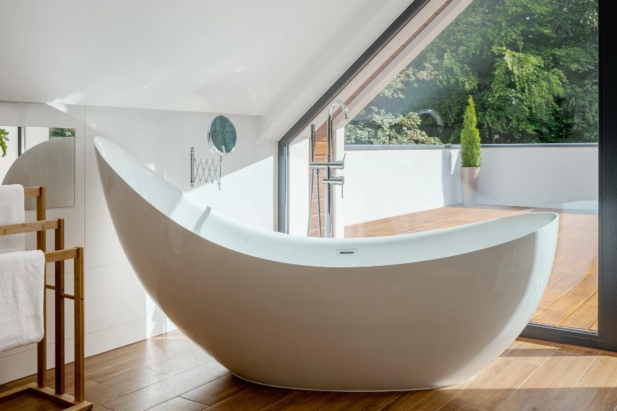 A stylish freestanding bathtub in an attic