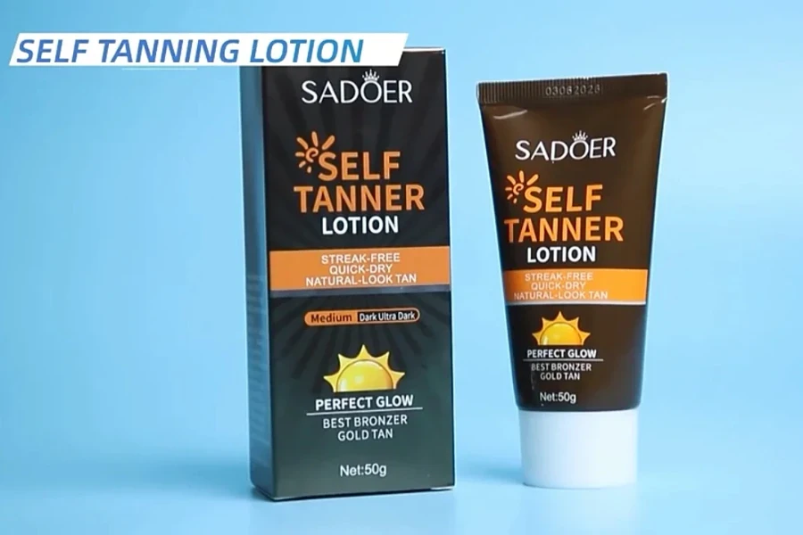 Lotion penyamakan kulit dan kemasannya dengan latar belakang biru