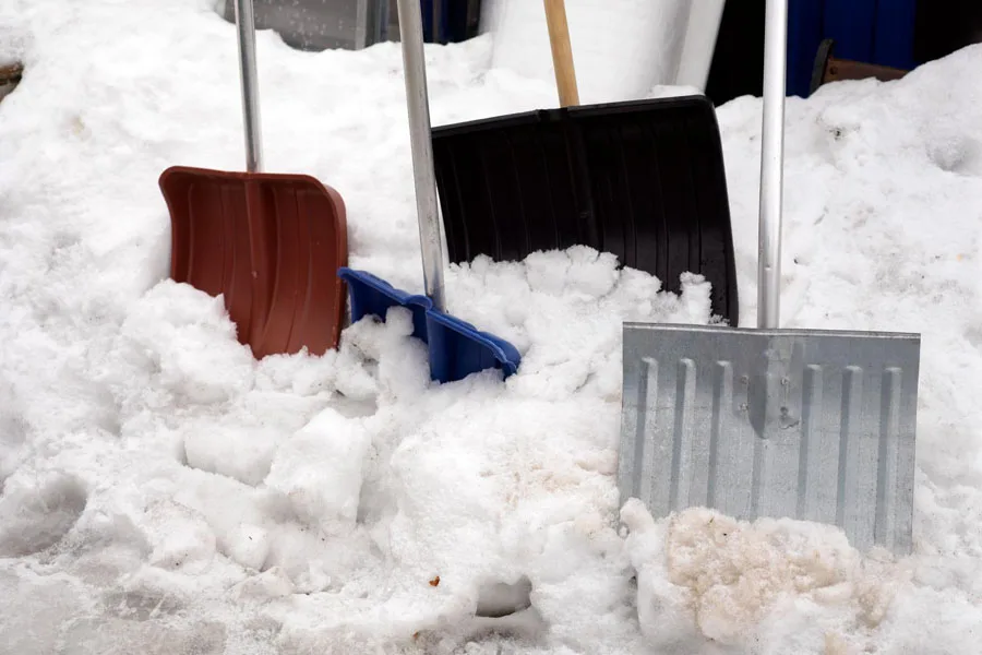 A variety of snow shovels