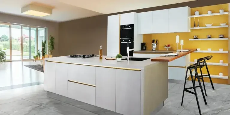 A well-organized kitchen with open shelves