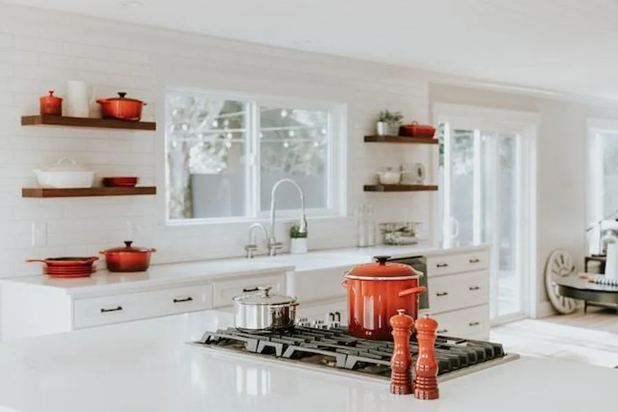 A well-organized kitchen with open shelves