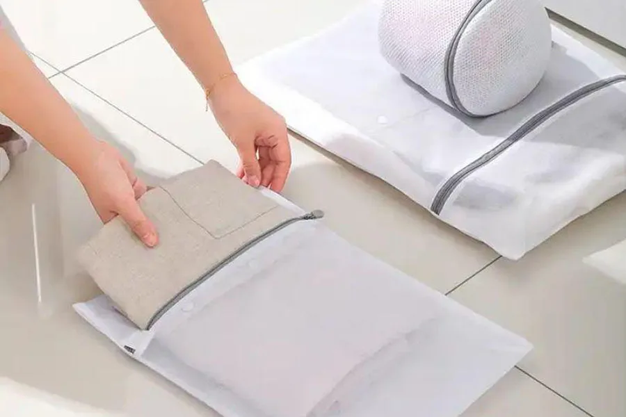 A white mesh laundry bag