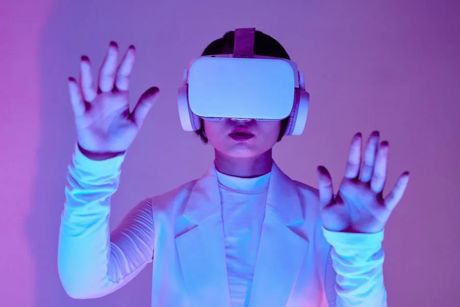 A woman wearing virtual reality goggles