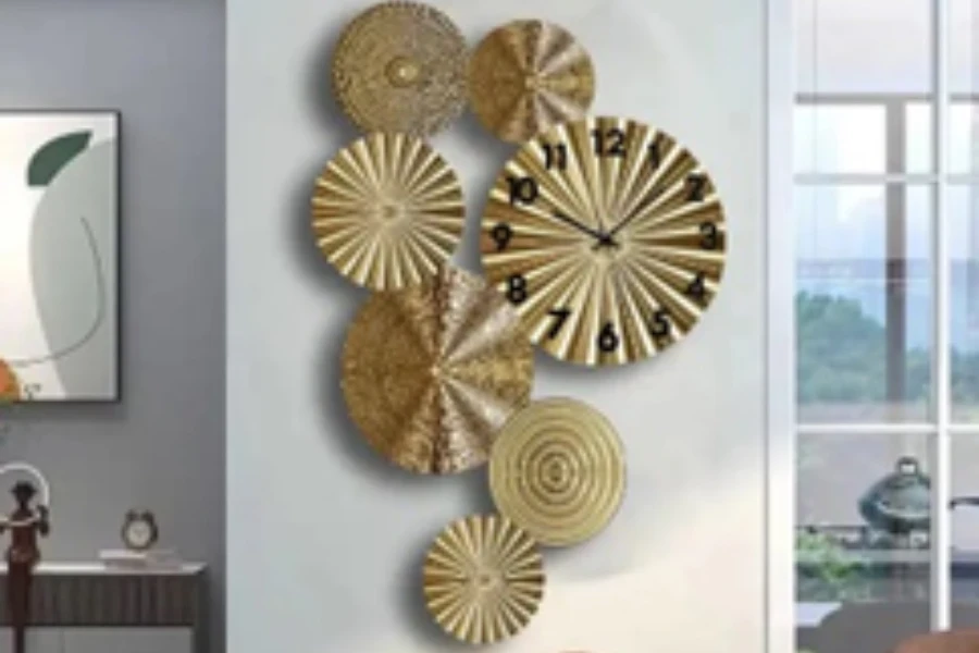 Abstract clock arrangement with seven round, textured metal circles