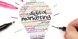 Abstract digital marketing light bulb with words