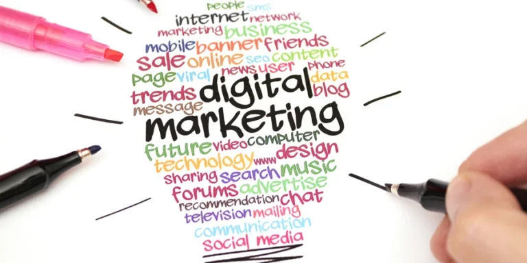 Abstract digital marketing light bulb with words