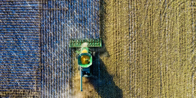 Aerial view of a combine harvester at work