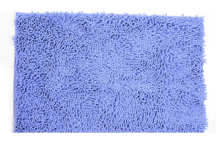 An indoor sky blue fluffy doormat