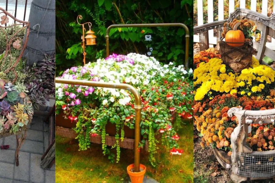 An old chair, bed, and couch upcycled into flower beds