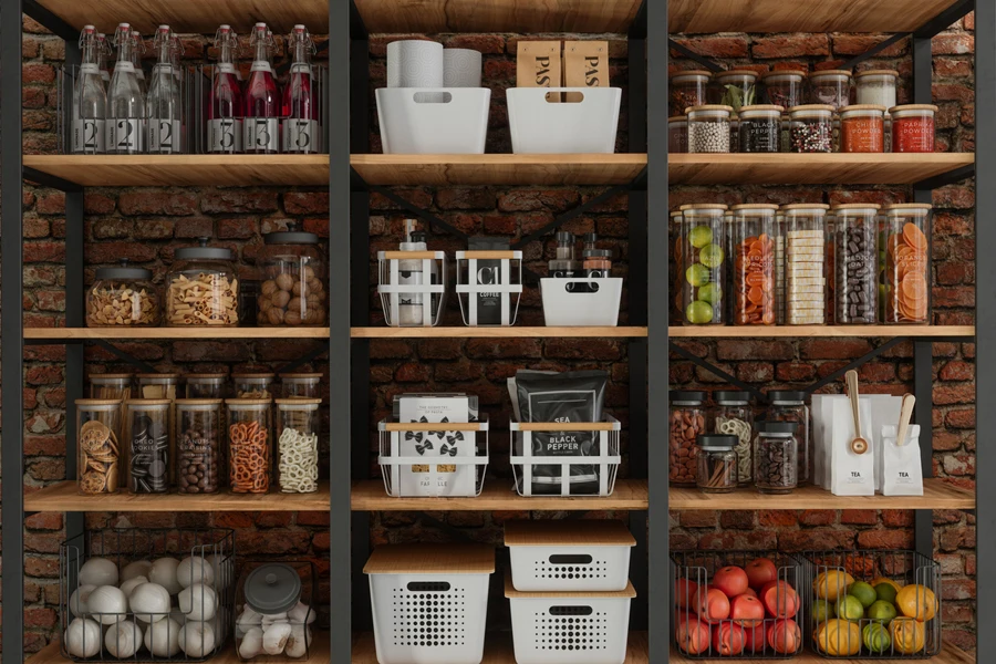 An organized kitchen pantry with perishables