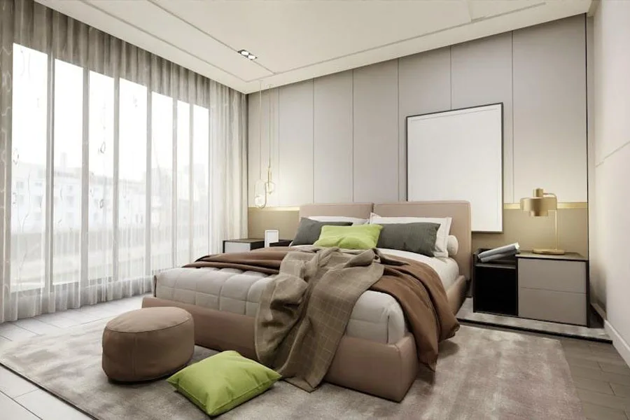 Bedroom with beige upholstered bed frame