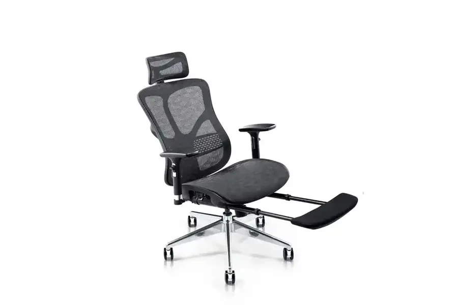 Black mesh padded desk chair with extended footrest