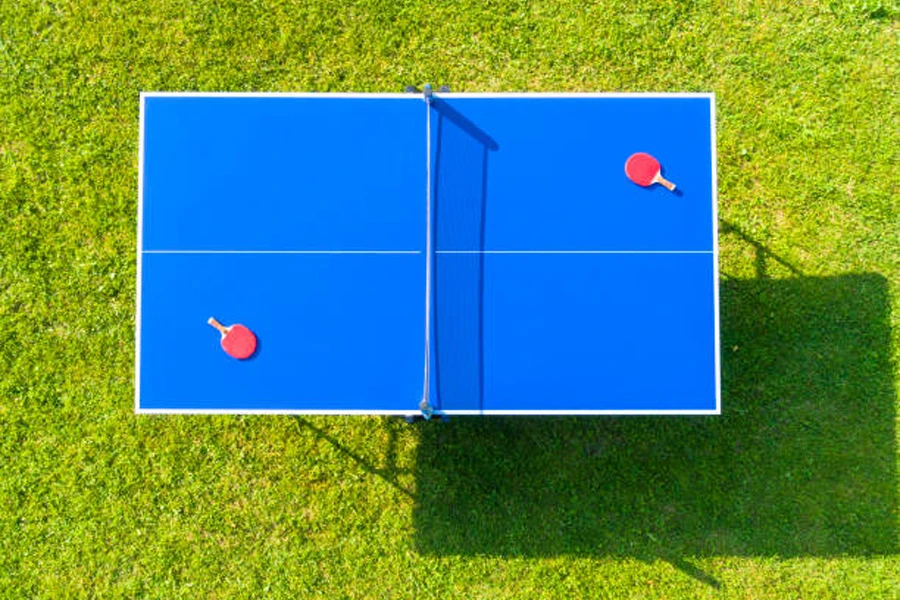 Blue outdoor table tennis table with red paddles on top