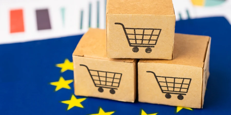 Box with shopping cart logo and EU flag