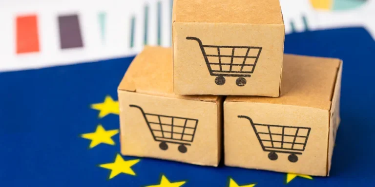 Box with shopping cart logo and EU flag