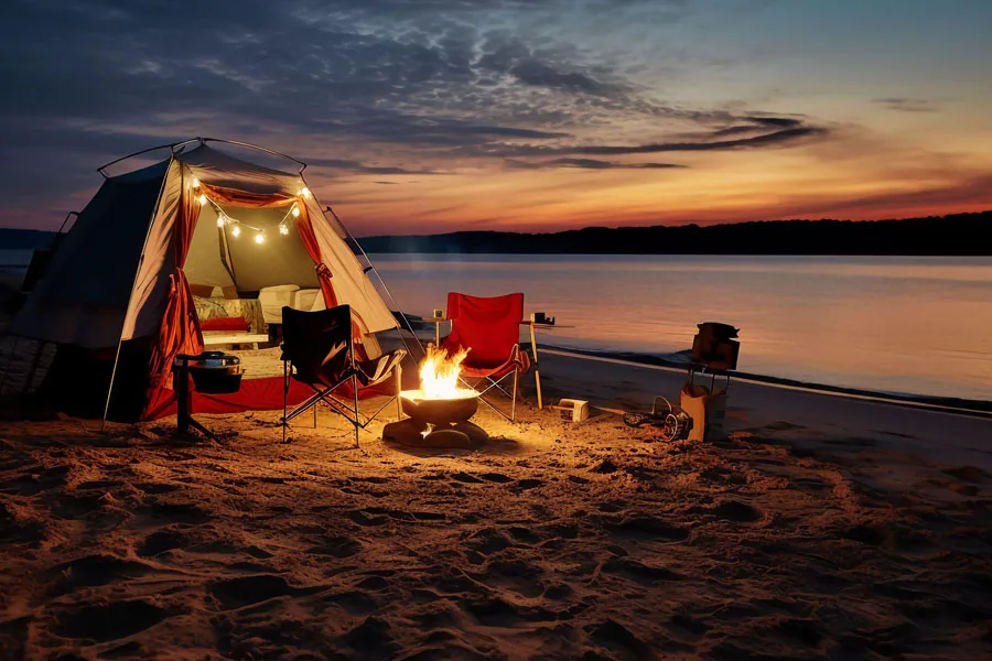 Camping by the sea at dusk bonfire beach