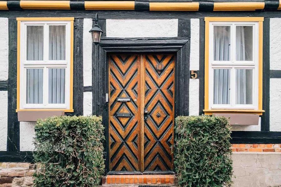 Chevron pattern wood exterior front door
