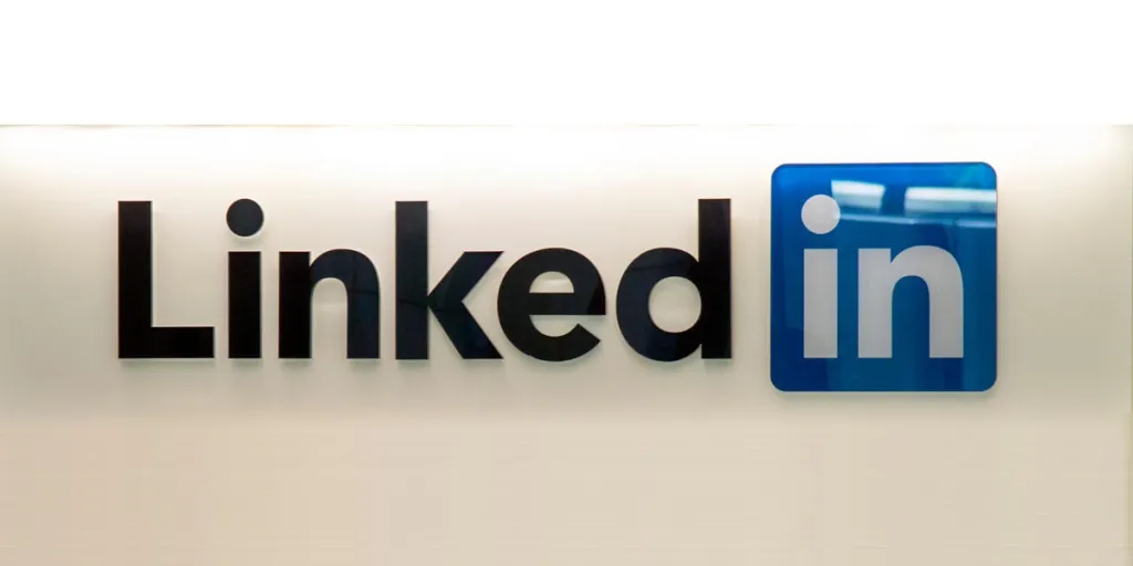 Close up of the LinkedIn logo on the side of a building