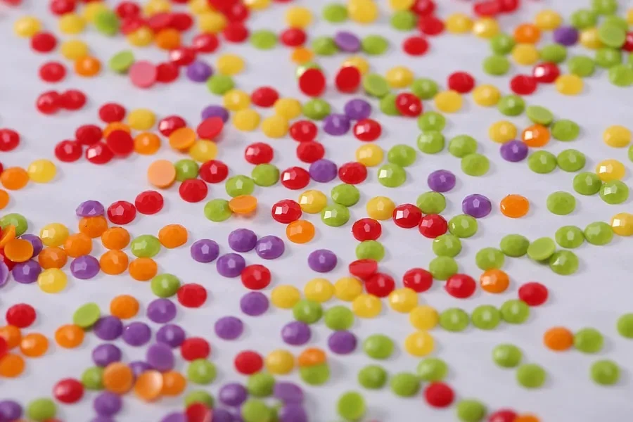 Closeup of an assortment of round resin diamond beads