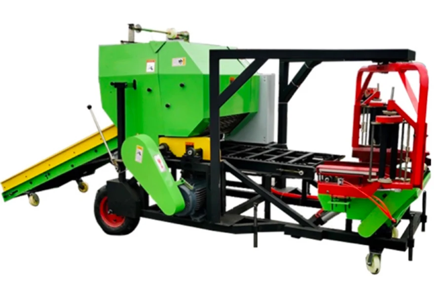Conveyor feed round hay baler with wrapping