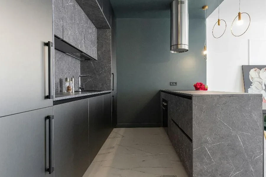 Dark kitchen with matte charcoal cabinet door pulls