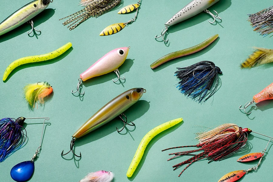 Different lures on a green background