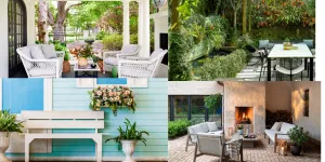 Different outdoor decorating designs from lush greenery to fireplace