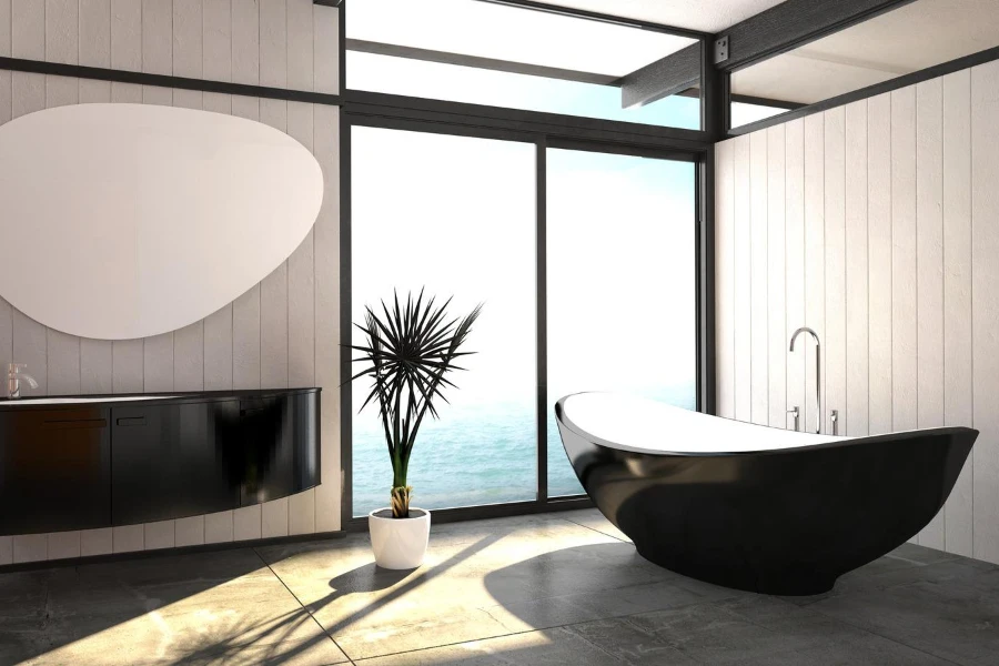 Elegant boat-shaped bathtub in a high-end bathroom
