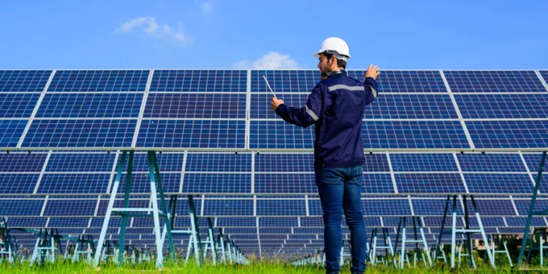 Engineer portrait with solar panel at solar farm