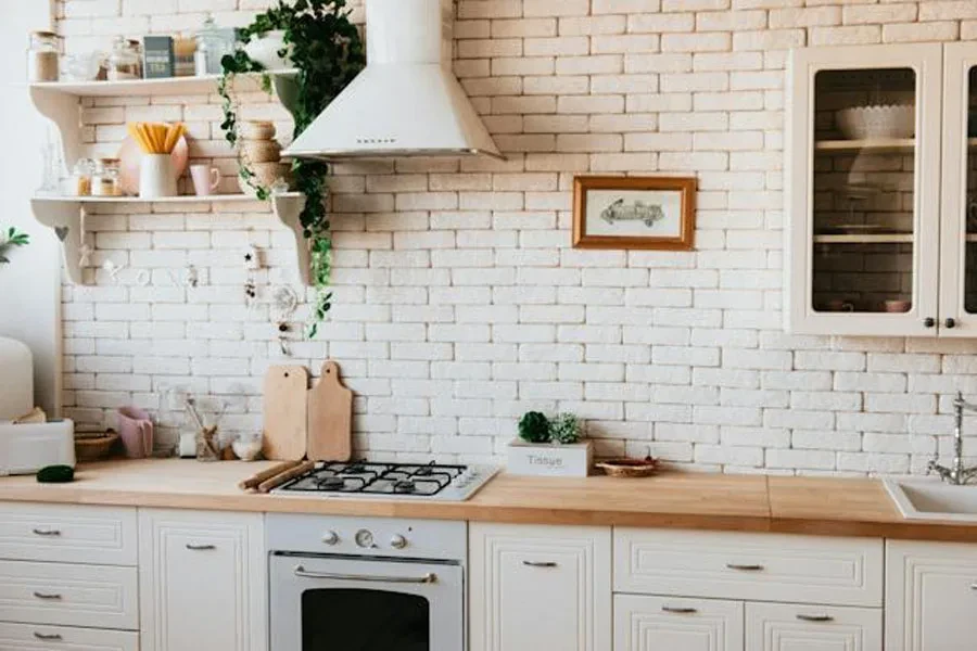 Floating shelves in a small kitchen