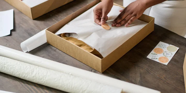 Hands of young black woman putting sticker on top of wrapping paper