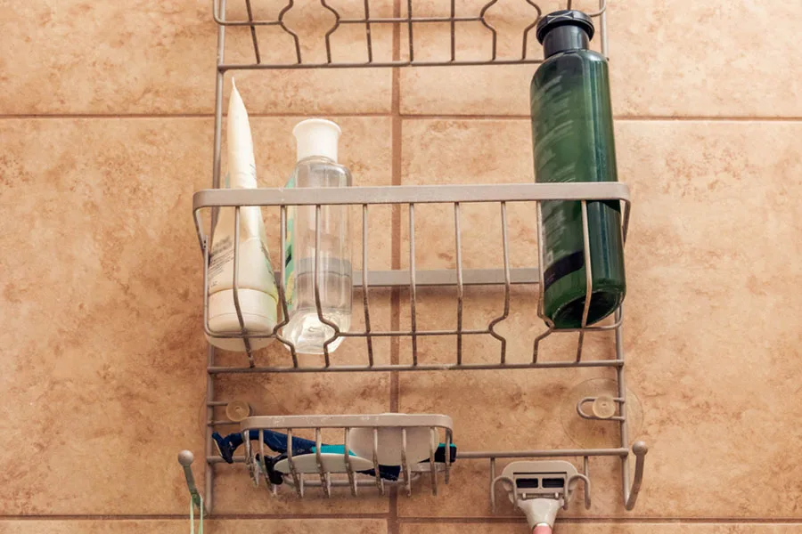 Hanging shower caddy with bath essentials