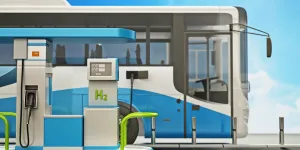 Hydrogen powered city bus in hydrogen fuelling station