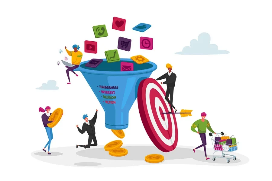 Illustration of a sales funnel with customers