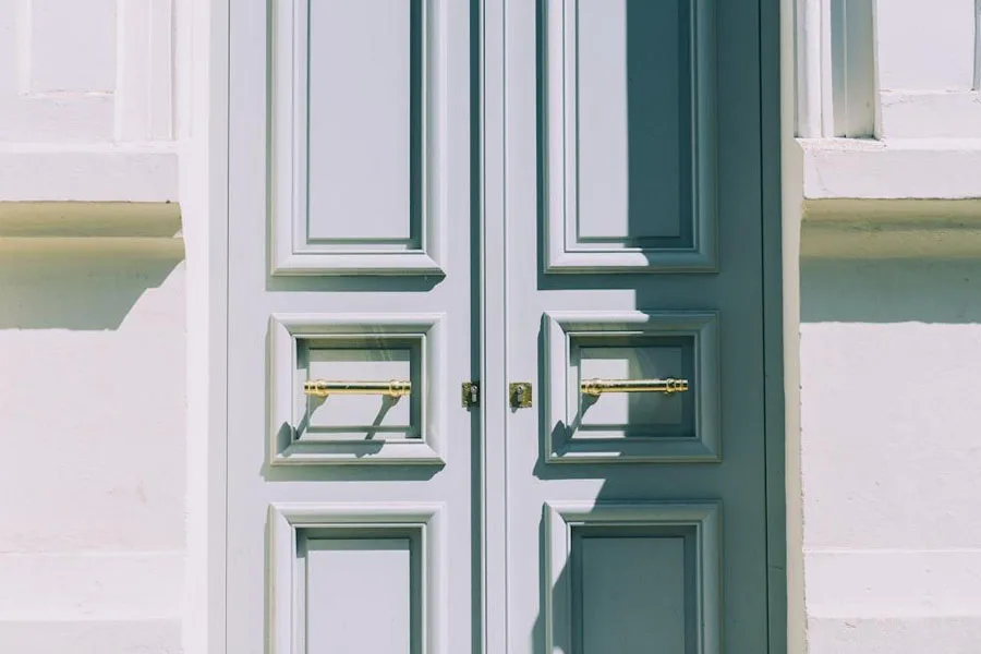 Light blue double front entry doors