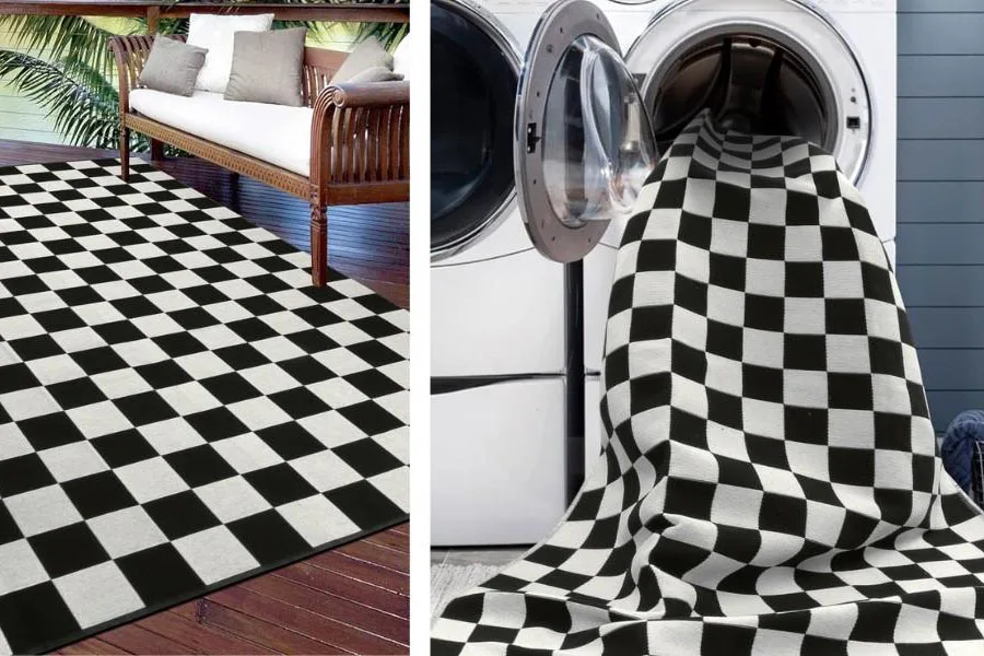 Machine washable  black and white outdoor rug for easy maintenance