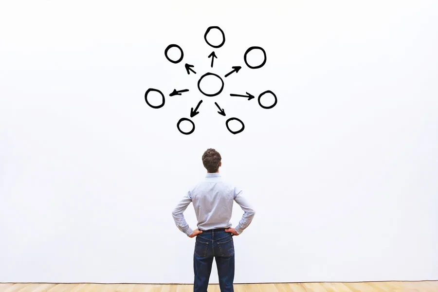 Man looking at a whiteboard with illustrated distribution concept