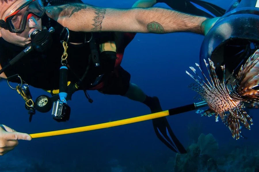Mann benutzt eine hawaiianische Schleuder, um Beute zu fangen