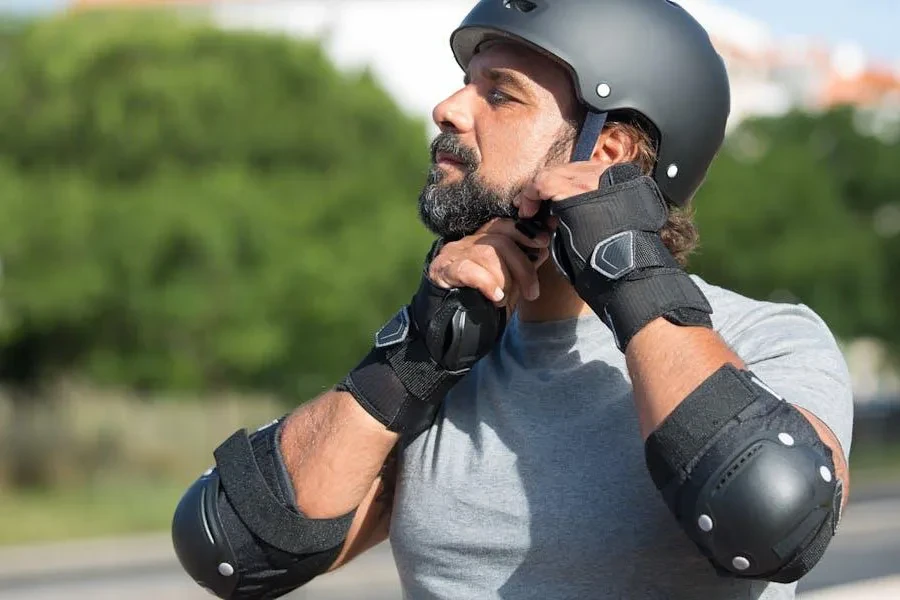 Man wearing a black skateboard helmet