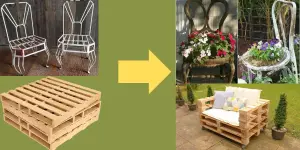 Cadeiras e paletes de metal transformados em floreiras e sofá de jardim