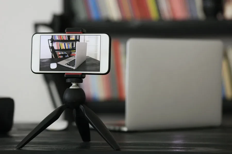 Mobile phone on a tripod stand