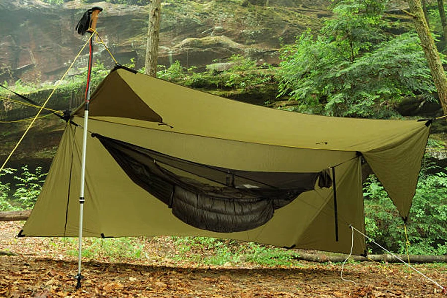 Multi-person camping hammock with weatherproof tarp on top