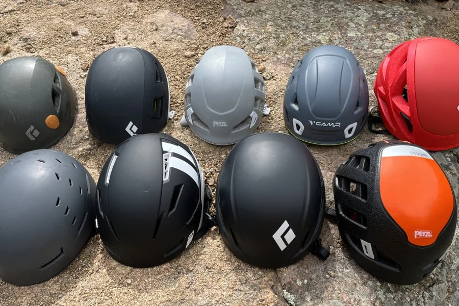 Multiple climbing helmets out on display